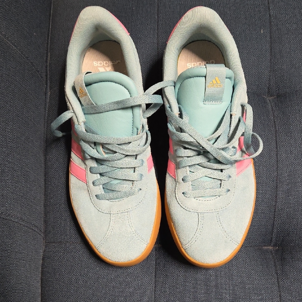 adidas Women’s Mint Green Suede Sneakers with Pink Stripes